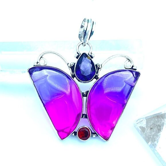 Bi-Color Tourmaline, Garnet, Gemstone Butterfly Pendant - Picture 1 of 6